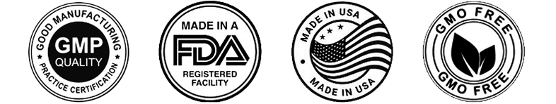 GMP certified, FDA registered facility, Made in USA, GMO-Free badges